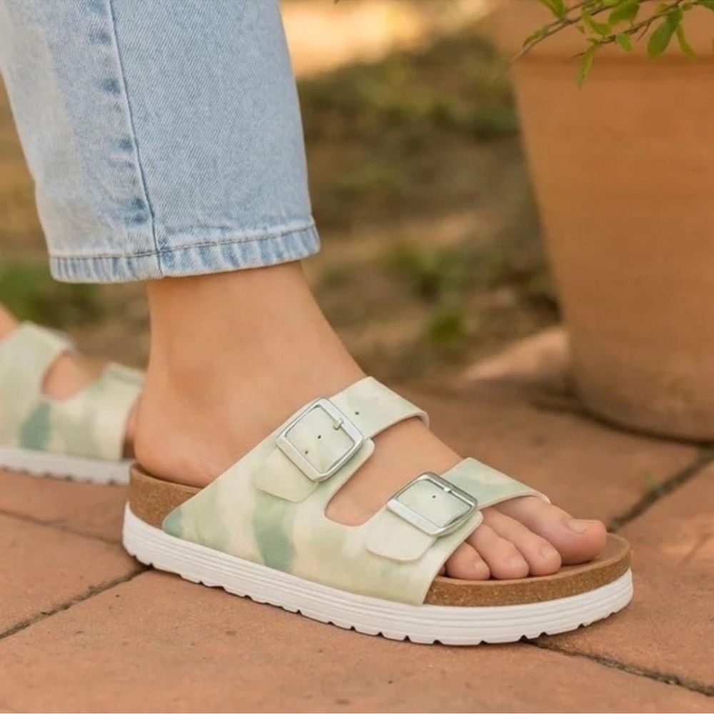 Birkenstock Two-Strap Sandals in Sage Green and White